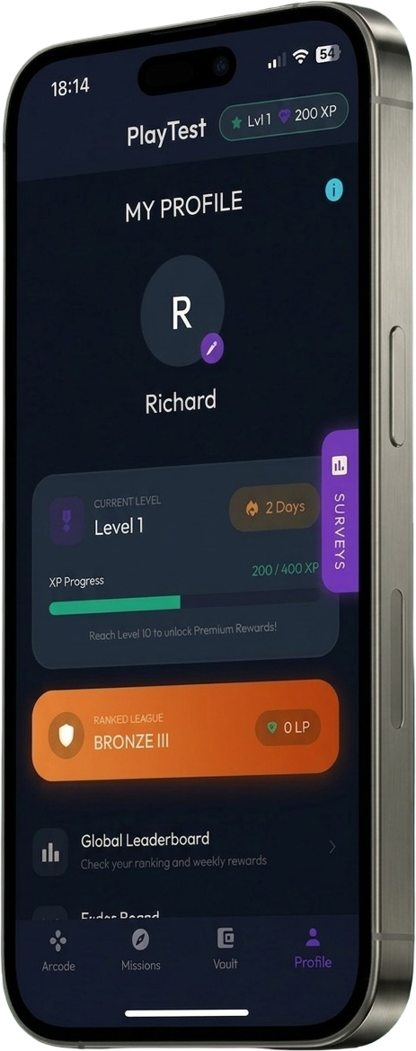 App UI of PlayTest App showing XP Rewards and games